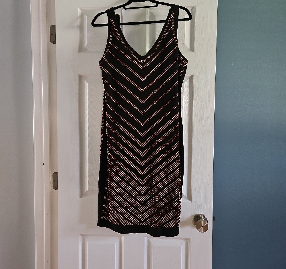 Carmen Marc Valvo Black and Copper/Gold Sheath Mini Dress Size XL
